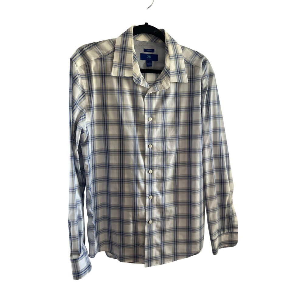 Egara Mens Non-Iron Plaid Button Down Dress Shirt Blue White Large; Classic Prep